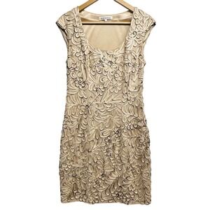 Sue Wong Dress Sz 6 Beige golden Floral Sleeveless Textured Cocktail Party lined